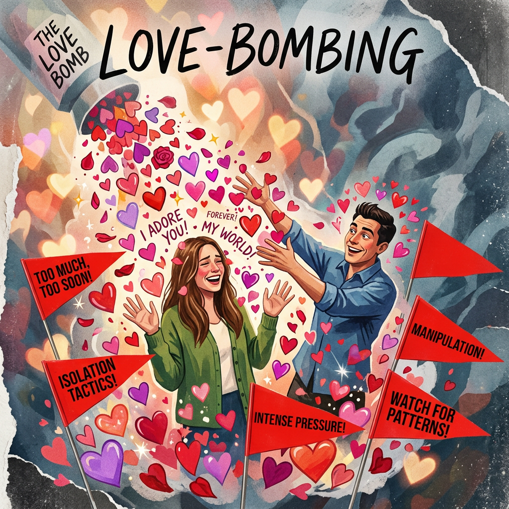 Man showering woman with hearts labeled with love-bombing tactics and warning flags