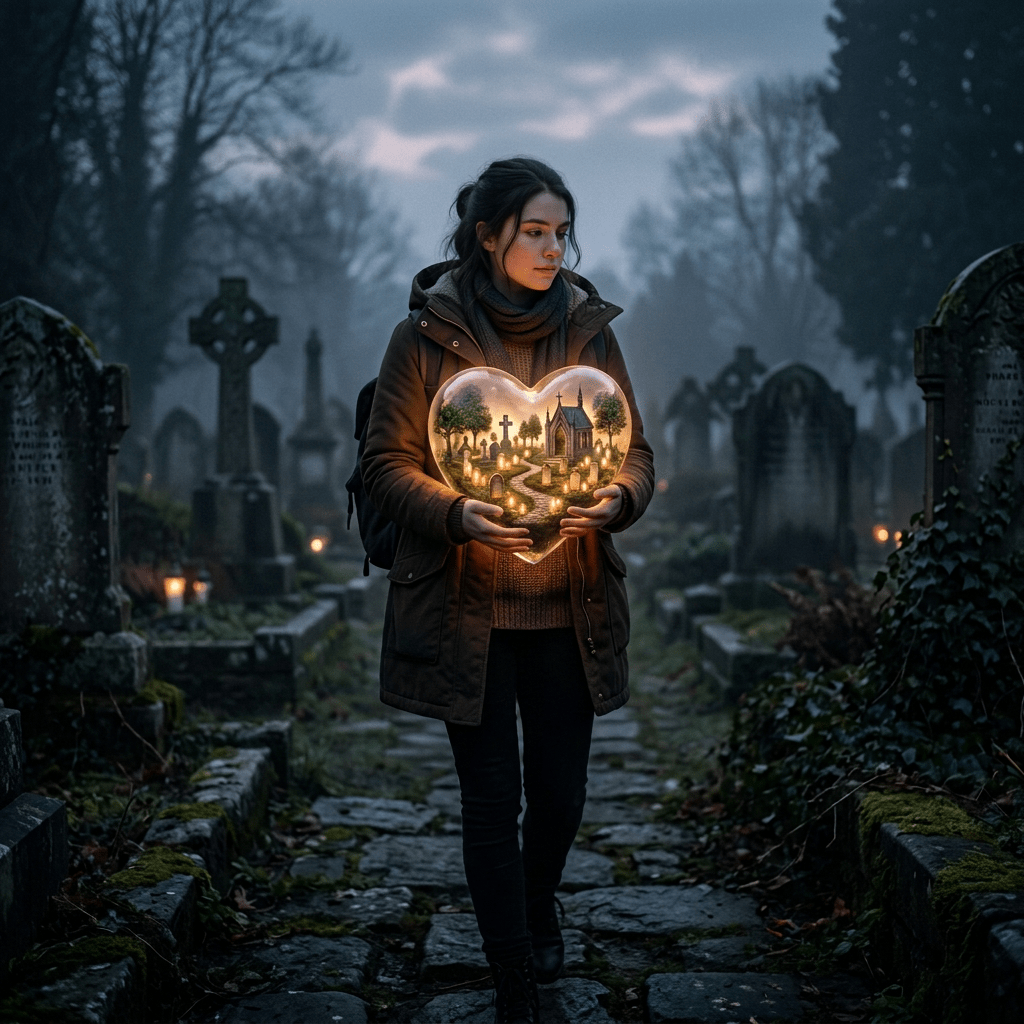 Woman holding glowing heart-shaped lantern depicting a miniature cemetery with tombstones and chapel